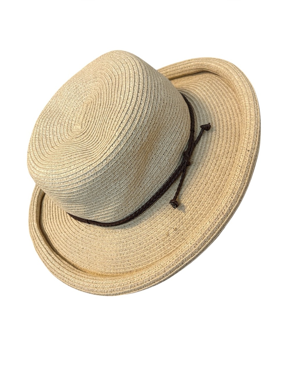 Nine West Straw Hat Rolled Brim Braided Band Accent Tan & Brown